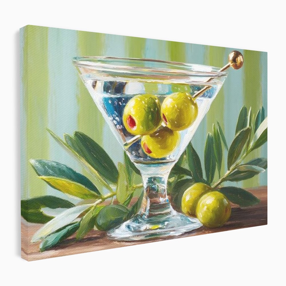 Tablou canvas cu pictura cu pahar martini si masline, fara rama, pe sasiu de lemn